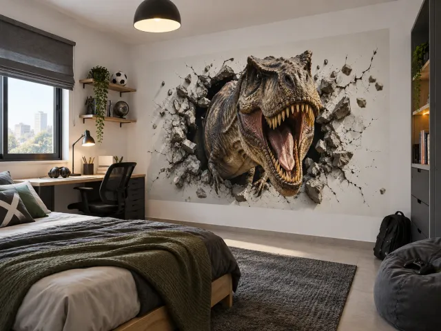 Impression murale en trompe-l’œil : tête de T-Rex surgissant du mur d’une chambre d’enfant