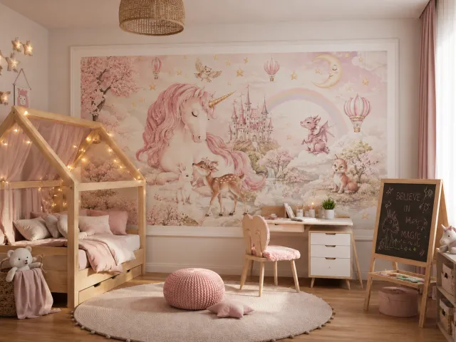 Impression murale pastel avec licorne, château et montgolfières dans une chambre de petite fille