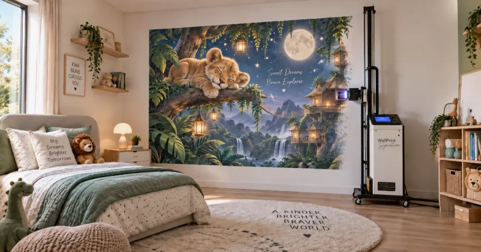 Illustration : la machine WallPrint Signature imprime une fresque de lionceau endormi directement sur le mur d’une chambre d’enfant