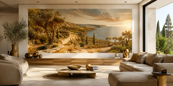 Fresque murale panoramique d'un paysage méditerranéen au coucher du soleil, dans un salon contemporain