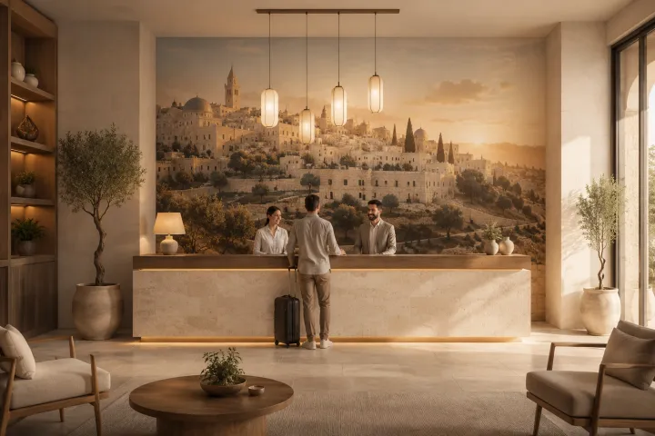 Réception d'hôtel avec une fresque murale panoramique de Jérusalem au coucher du soleil