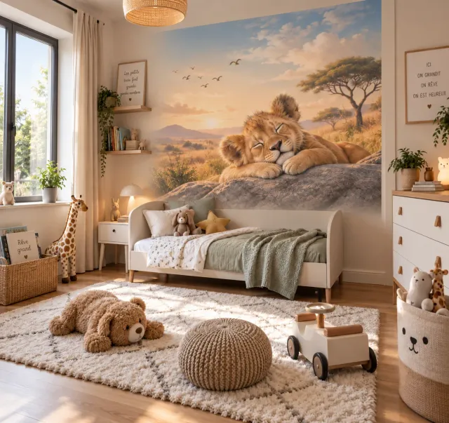 Impression murale d’un lionceau endormi dans la savane au coucher du soleil, dans une chambre de bébé
